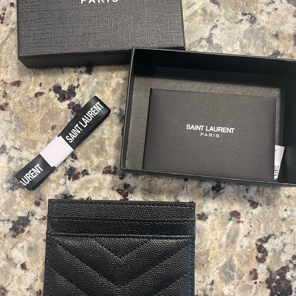 Saint Laurent Black Quilted Chevron Leather Card Case with Silver YSL Logo - Picture 3 of 6